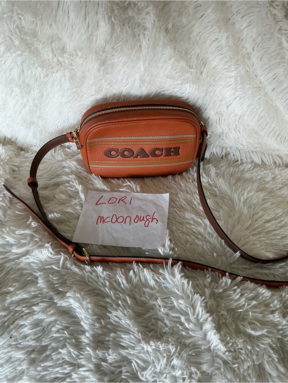 Coach Orange Leather Crossbody Camera Bag with Striped Logo Panel